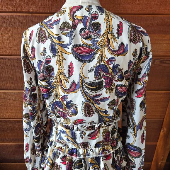 Franco Womens Paisley Floral Hippie Boho Belted Peplum Bell Sleeve Blouse Size M - Picture 6 of 12